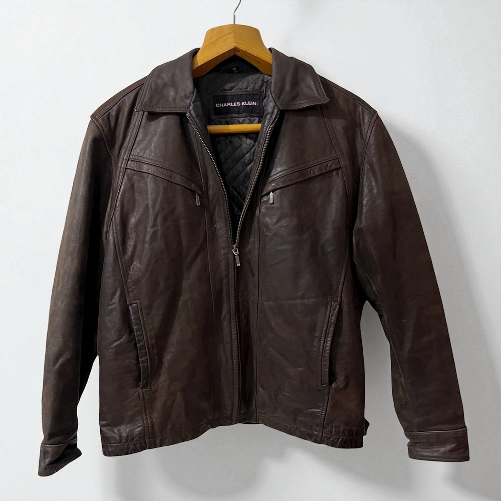 Vintage Charles Klein Men's Brown Full Grain Genuine Leather Lined Bomber Jacket